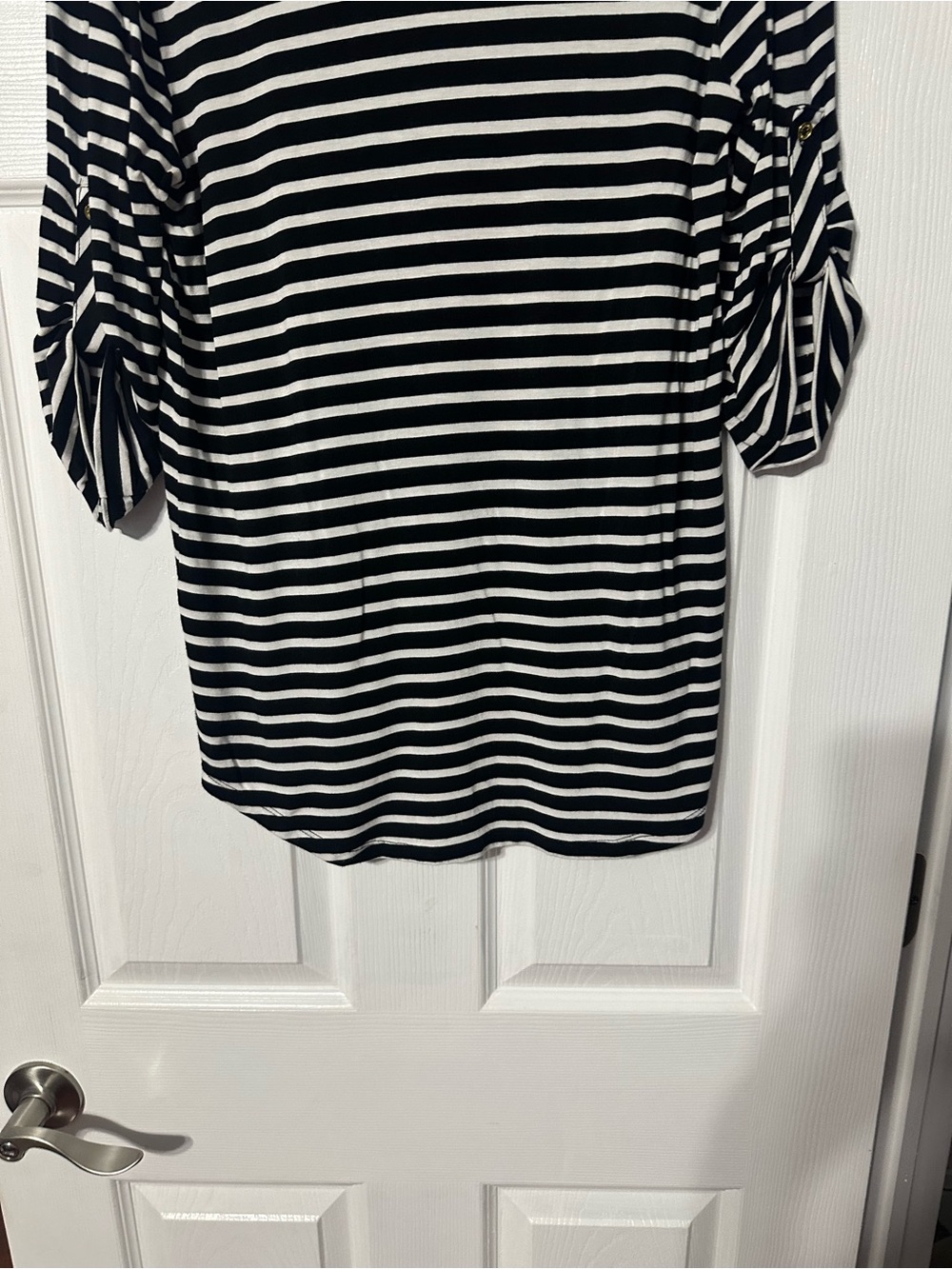 Calvin Klein Striped Half-Zip Roll Tab Sleeve Hi Lo Blouse - Picture 11 of 15